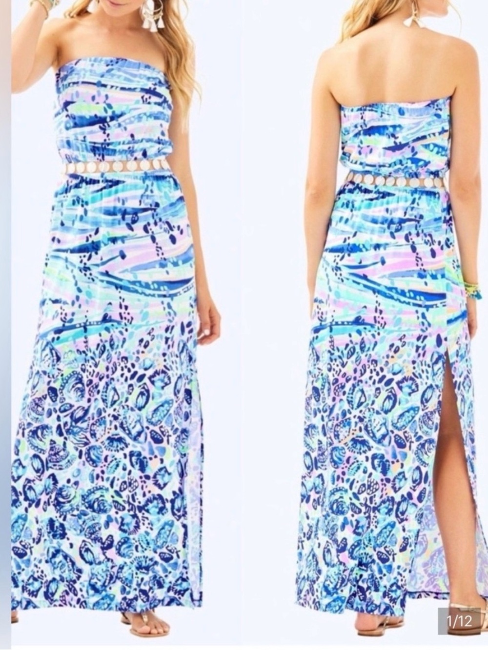 Lilly Pulitzer Blue and Pink Strapless Printed Maxi Dress